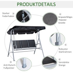 Puutarhakeinu 3 hengen teräsrunkoinen säädettävällä aurinkokatoksella 171x108x150 cm musta