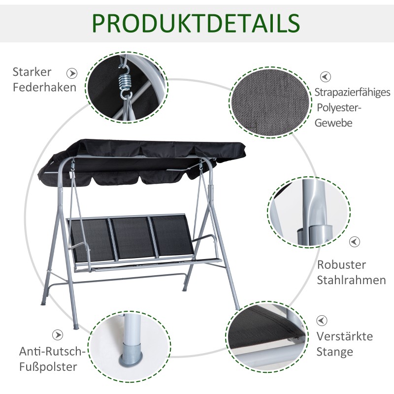 Puutarhakeinu 3 hengen teräsrunkoinen säädettävällä aurinkokatoksella 171x108x150 cm musta