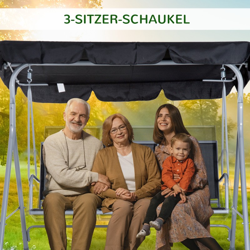 Puutarhakeinu 3 hengen teräsrunkoinen säädettävällä aurinkokatoksella 171x108x150 cm musta