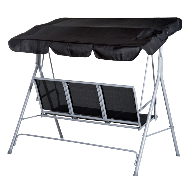 Puutarhakeinu 3 hengen teräsrunkoinen säädettävällä aurinkokatoksella 171x108x150 cm musta