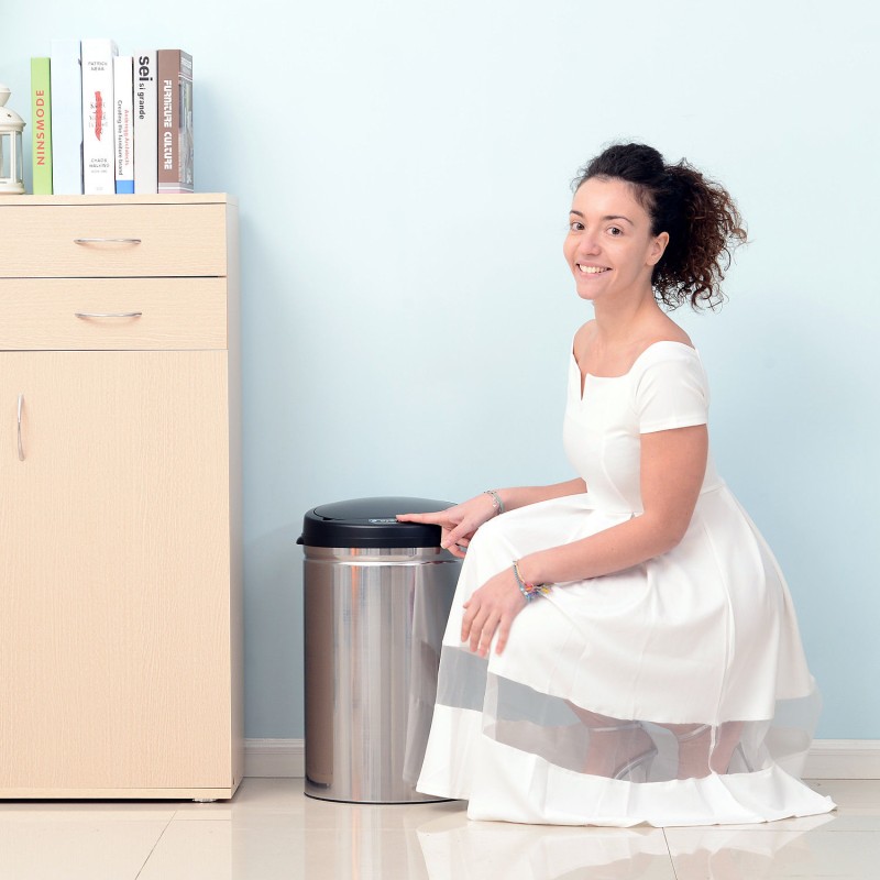 Sensorillinen roska-astia 30 L, automaattinen pehmeästi sulkeutuva kansi, ruostumatonta terästä, musta/hopea
