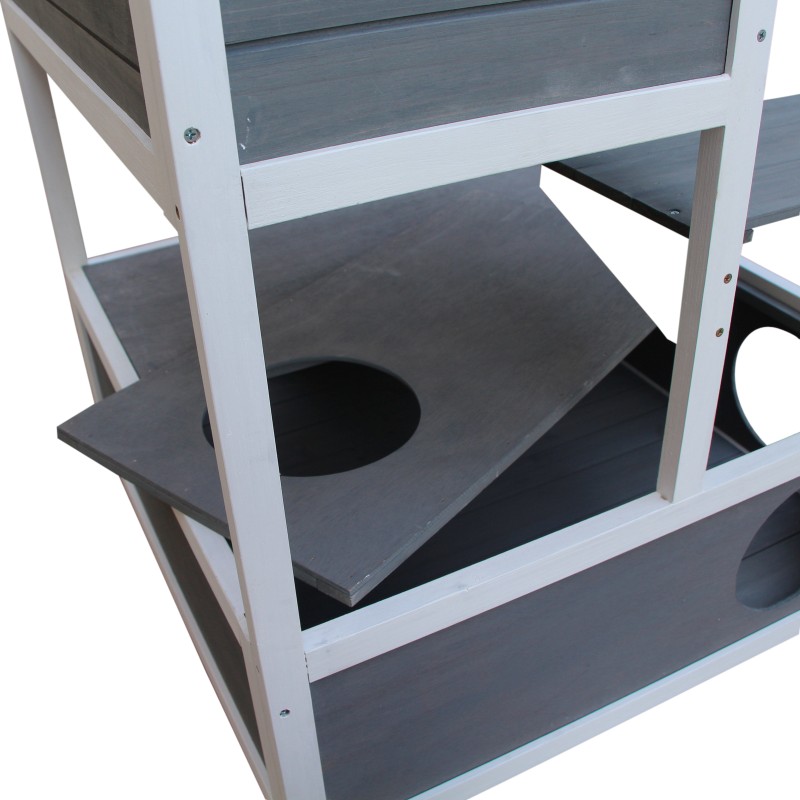 Kissatalo ulko- ja sisäkäyttöön kuusipuusta, 4 tasoa, asfalttikatto, 75,5 x 75 x 137 cm, harmaa-valkoinen