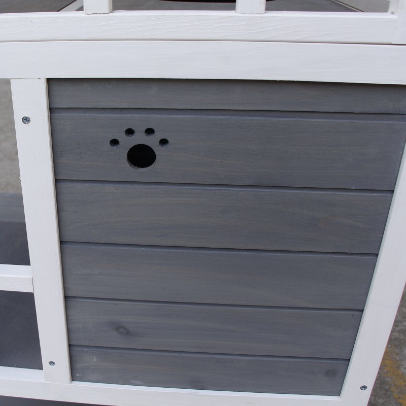 Kissatalo ulko- ja sisäkäyttöön kuusipuusta, 4 tasoa, asfalttikatto, 75,5 x 75 x 137 cm, harmaa-valkoinen