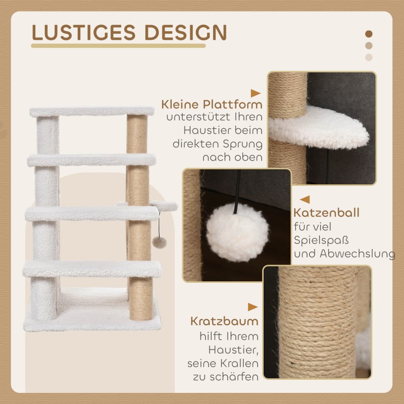 Kissan lemmikkirappu ja raapimispuu, 4 tasoa, juutti ja plyysi, 60 x 40 x 64 cm, valkoinen