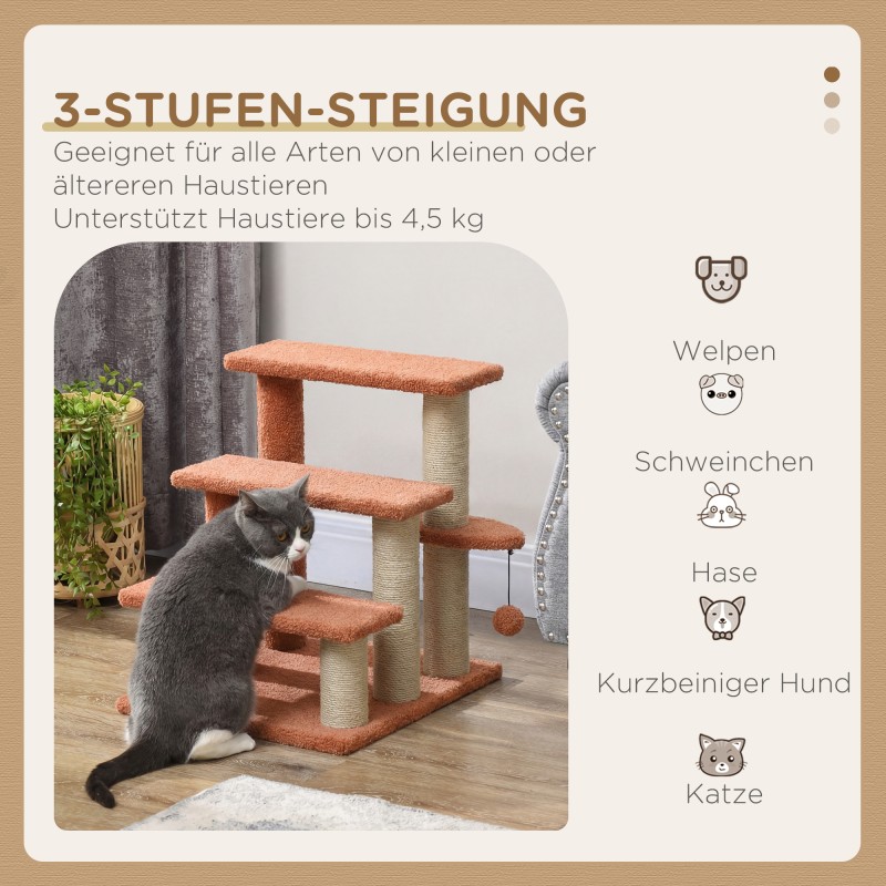 Kissan porrasteline ja raapimapuu, 3-portainen, juutti/plyysi, 45x40x48 cm, ruskea, enint. 5 kg