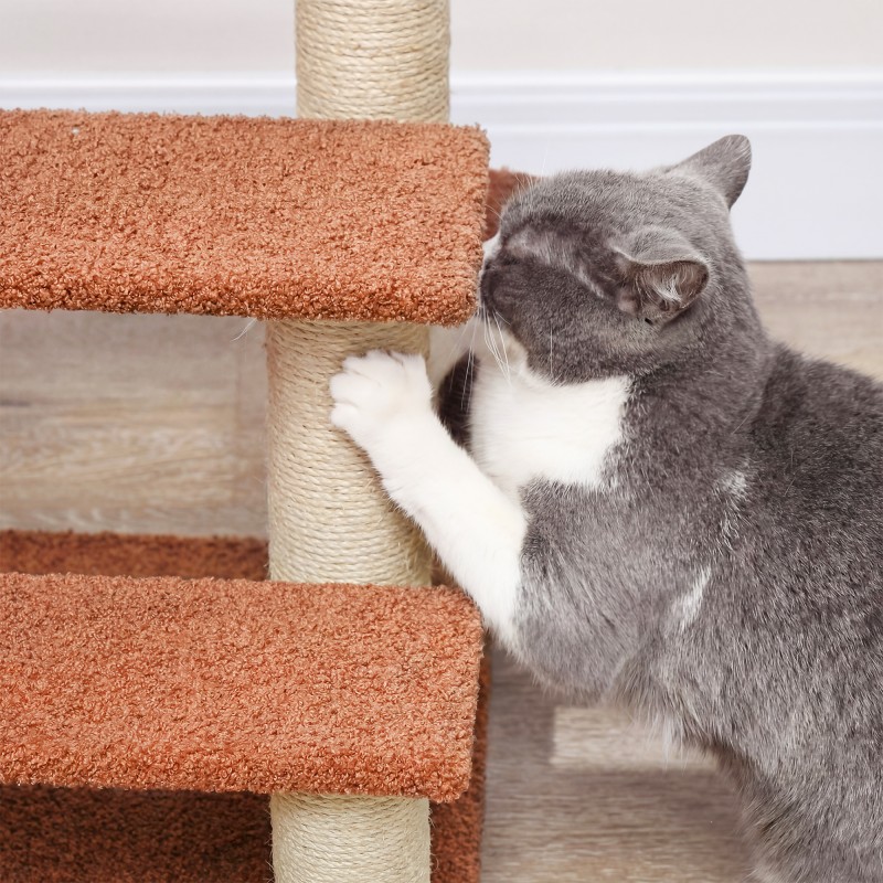 Kissan porrasteline ja raapimapuu, 3-portainen, juutti/plyysi, 45x40x48 cm, ruskea, enint. 5 kg