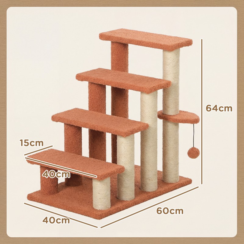 Kissan lemmikkiportaat ja raapimapuu, 4 tasoa, juutti ja plyysi, 60x40x64 cm, ruskea, enint. 5 kg