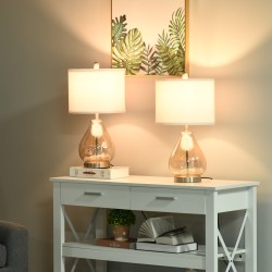 Pöytävalaisin 2 kpl setti, pellavavarjostin ja meripihkanvärinen lasi, E27, valkoinen/hopea