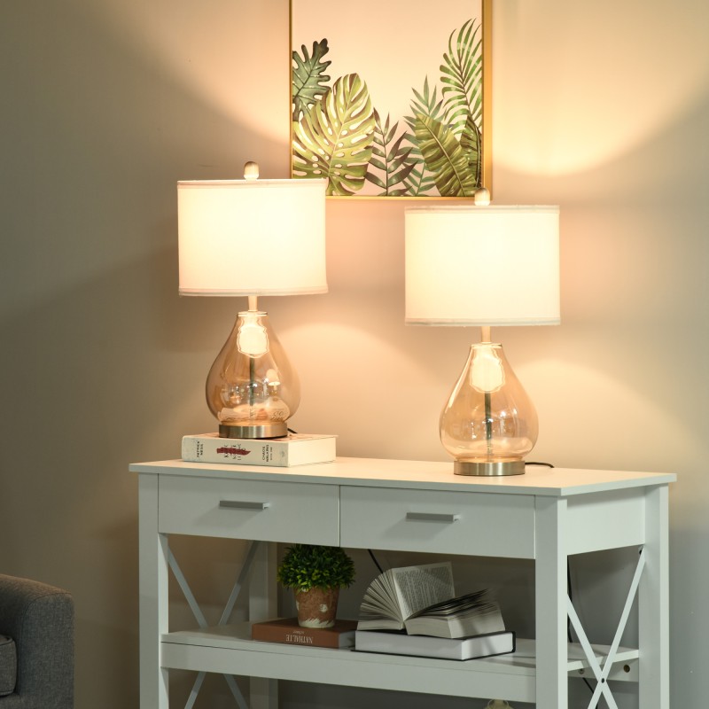 Pöytävalaisin 2 kpl setti, pellavavarjostin ja meripihkanvärinen lasi, E27, valkoinen/hopea