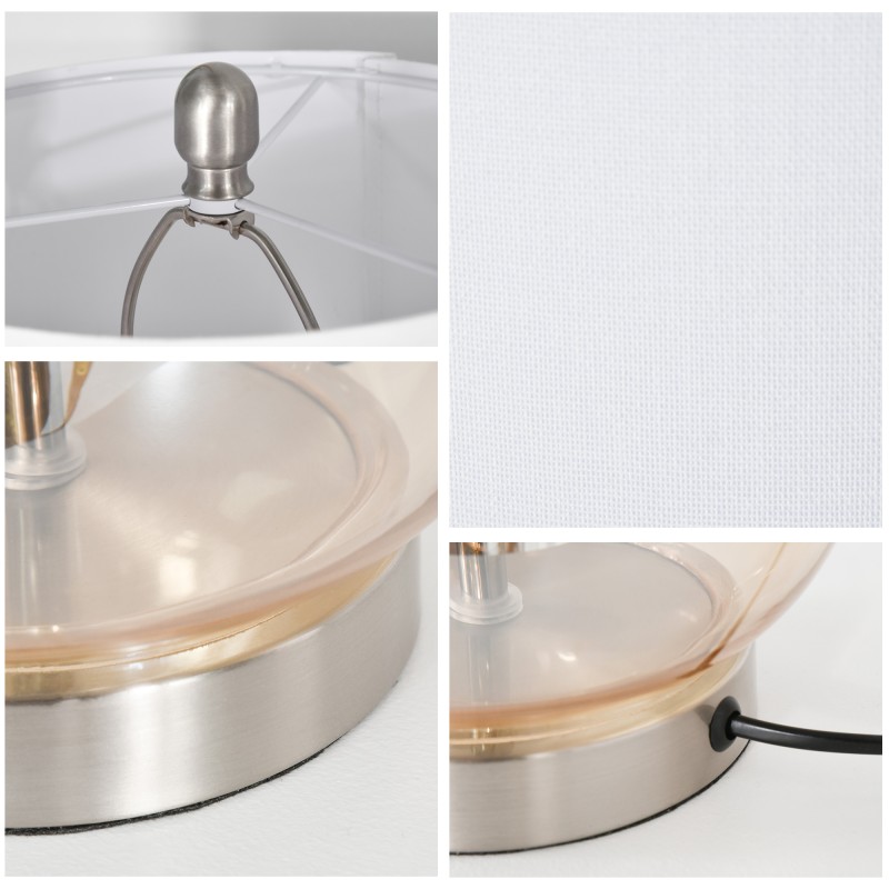 Pöytävalaisin 2 kpl setti, pellavavarjostin ja meripihkanvärinen lasi, E27, valkoinen/hopea