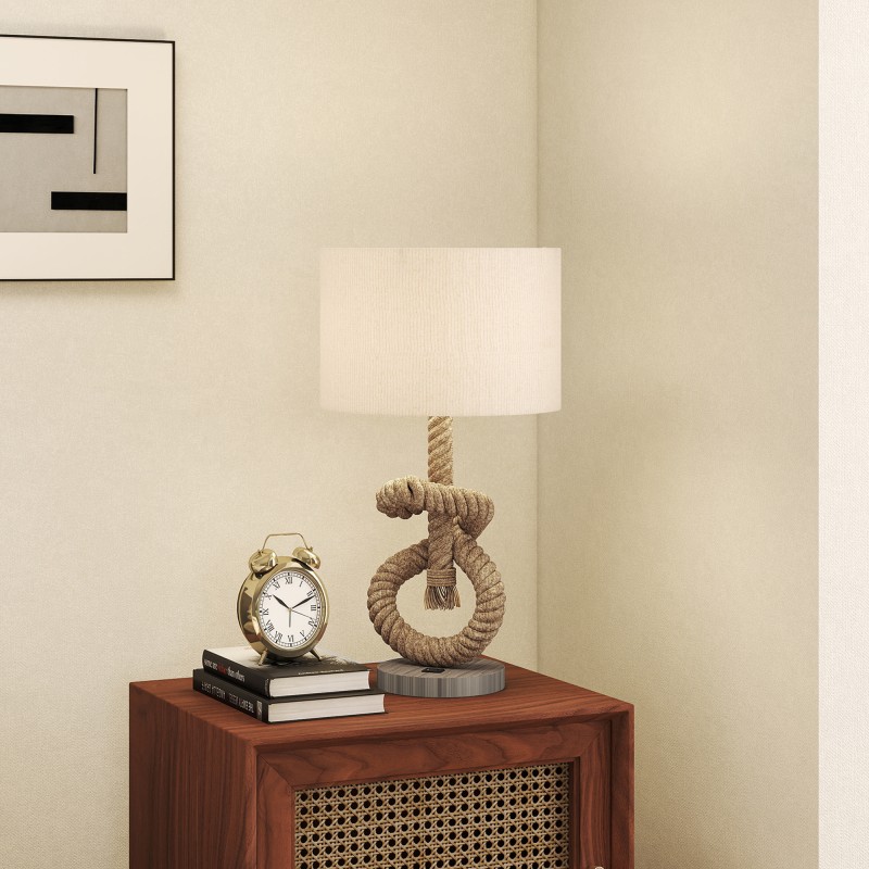Pöytälamppu merihenkinen juuttiköysi ja kangasvarjostin USB-latausliitännällä 30x30x55 cm ruskea/kerma