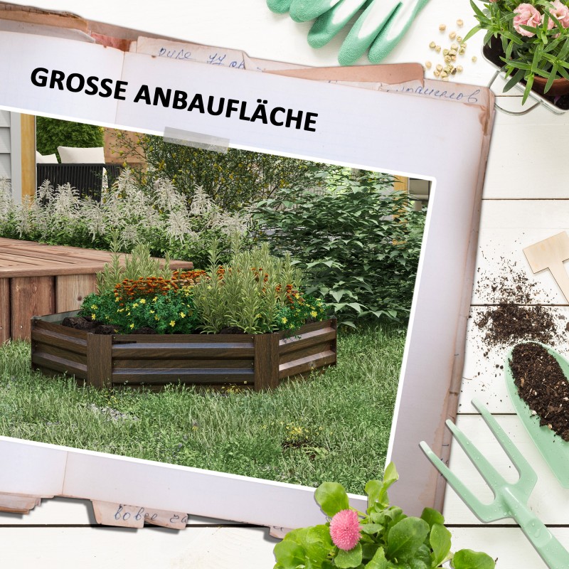 Metallinen kuusikulmainen viljelylaatikko / korkeapenkki, avoin pohja, 113 x 98 x 30 cm, tummanruskea