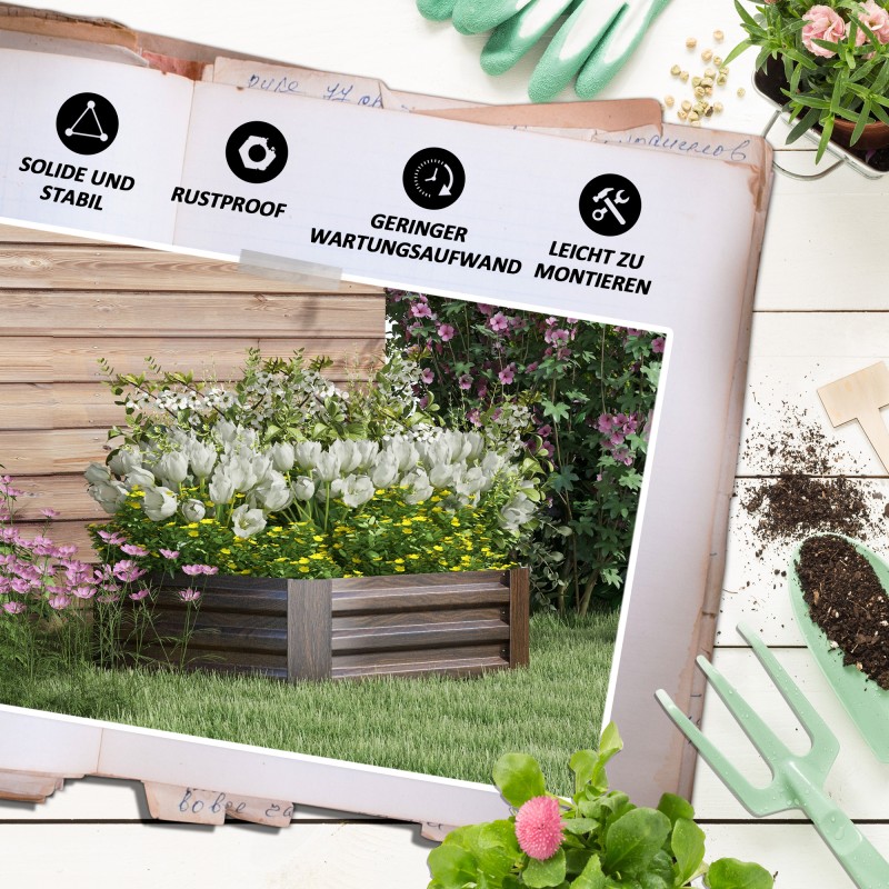 Metallinen kuusikulmainen viljelylaatikko / korkeapenkki, avoin pohja, 113 x 98 x 30 cm, tummanruskea