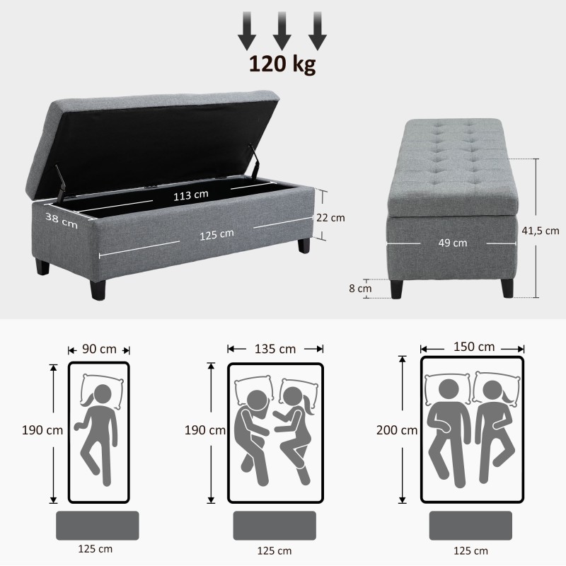 Säilytyspenkki eteiseen nappitikkauksella 125 x 49 x 41,5 cm harmaa