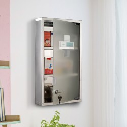 Lääkekaappi seinälle, lukittava ruostumaton teräs, 3 tasoa, lasiovi, 25 x 12 x 48 cm, hopea