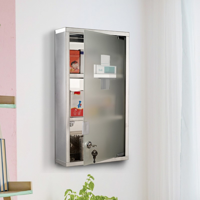 Lääkekaappi seinälle, lukittava ruostumaton teräs, 3 tasoa, lasiovi, 25 x 12 x 48 cm, hopea