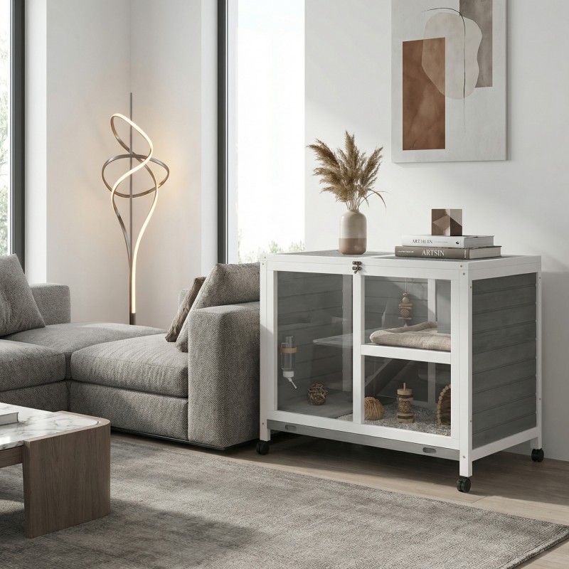 Pieneläinhäkki 2 tasoa kuusipuuta 91,5x53,3x73 cm harmaa, pyörillä, sisäkäyttöön