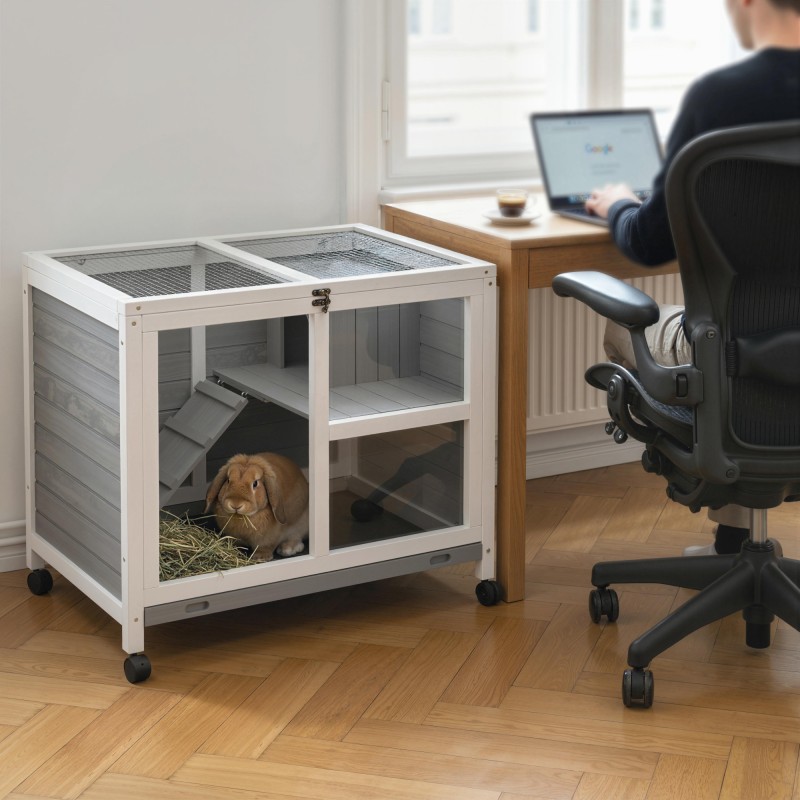 Pieneläinhäkki 2 tasoa kuusipuuta 91,5x53,3x73 cm harmaa, pyörillä, sisäkäyttöön