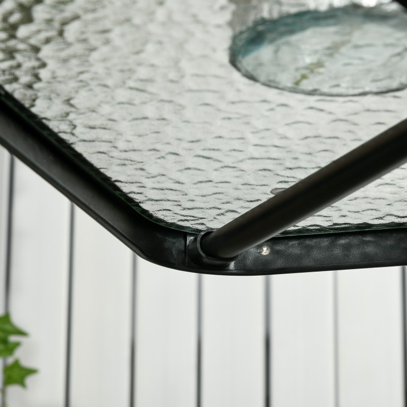 Ulkopöytä aurinkovarjolle karkaistu lasi ja metallirunko 76x76x72 cm musta
