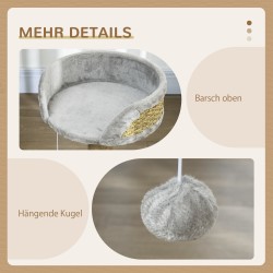 Kissan raapimapuu pedillä ja leikkipallolla, lastulevy/plyyshi, 40 x 40 x 49 cm, harmaa