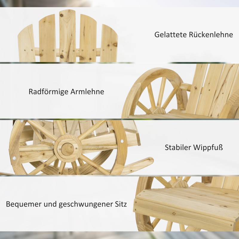 Keinutuoli ulkokäyttöön, rustiikkinen vaununpyörädesign, kuusipuu, natur, 68 x 88 x 92 cm