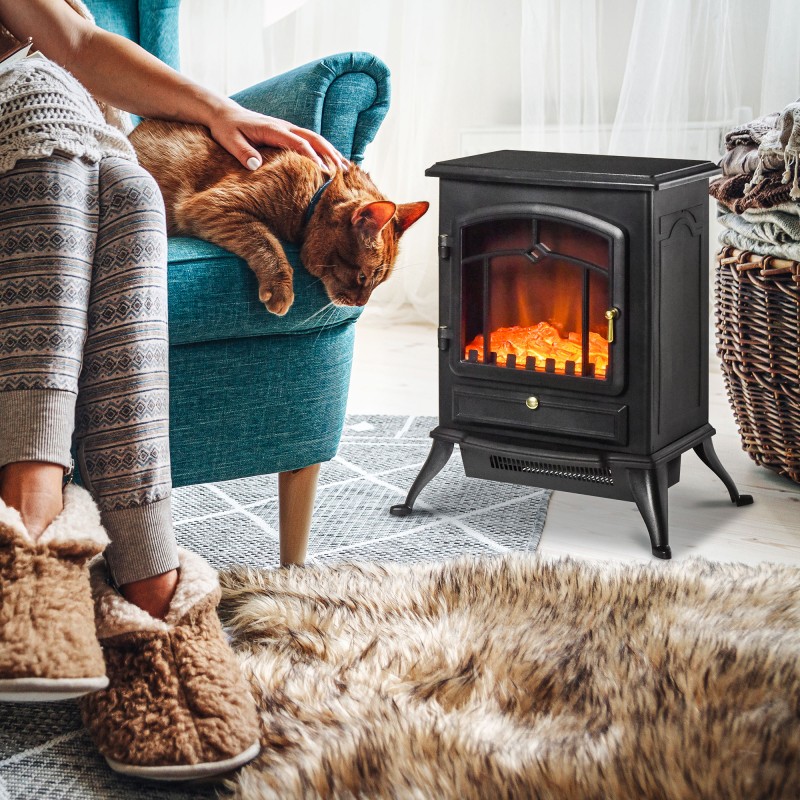 Sähkötakka lämmitystoiminnolla ja LED-liekkiefektillä 1000/2000 W, karkaistu lasi, musta