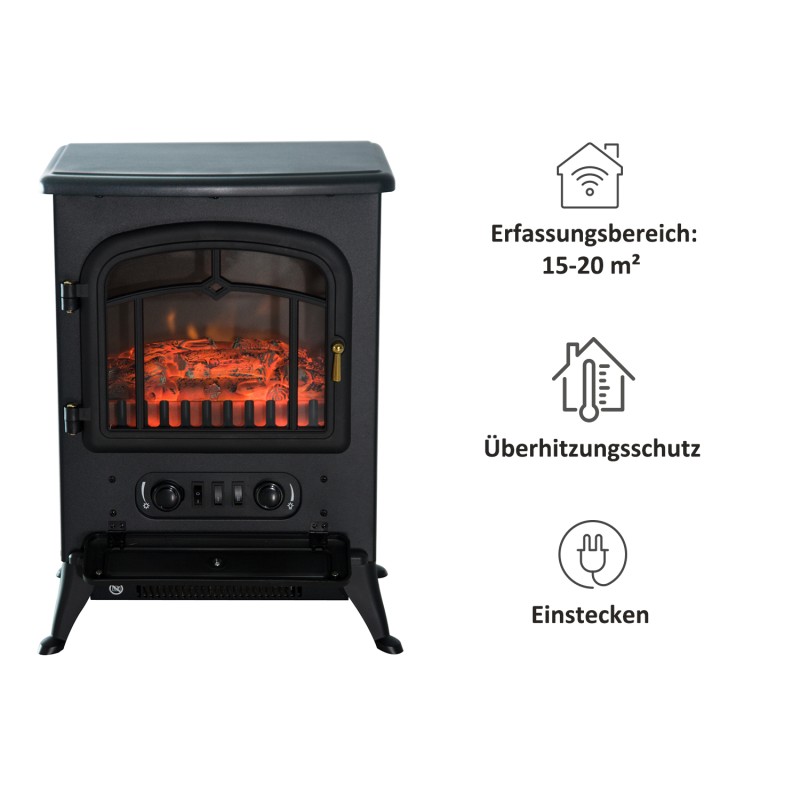 Sähkötakka lämmitystoiminnolla ja LED-liekkiefektillä 1000/2000 W, karkaistu lasi, musta