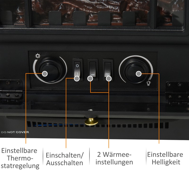 Sähkötakka lämmitystoiminnolla ja LED-liekkiefektillä 1000/2000 W, karkaistu lasi, musta