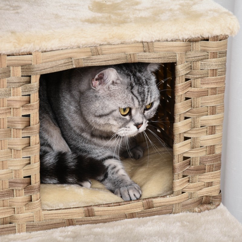 Kissan raapimispuu ja kiipeilypuu polyrottinki/MDF 55x55x174 cm beige/ruskea D30-377