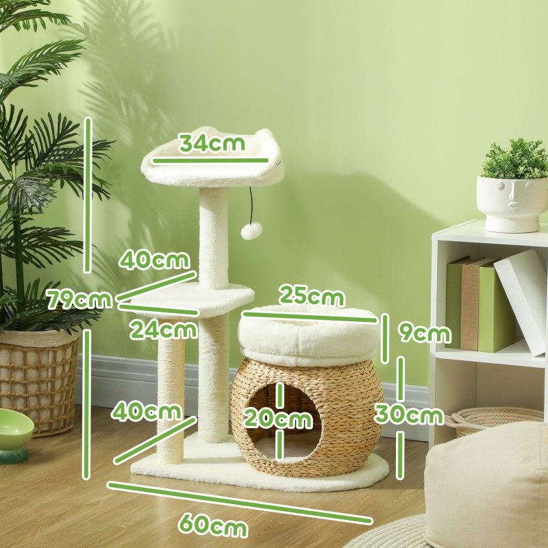 Kissan raapimispuu kissanluolalla ja leikkipallolla, luonnonruoko/sisal, 60 x 40 x 79 cm, kermanvaalea