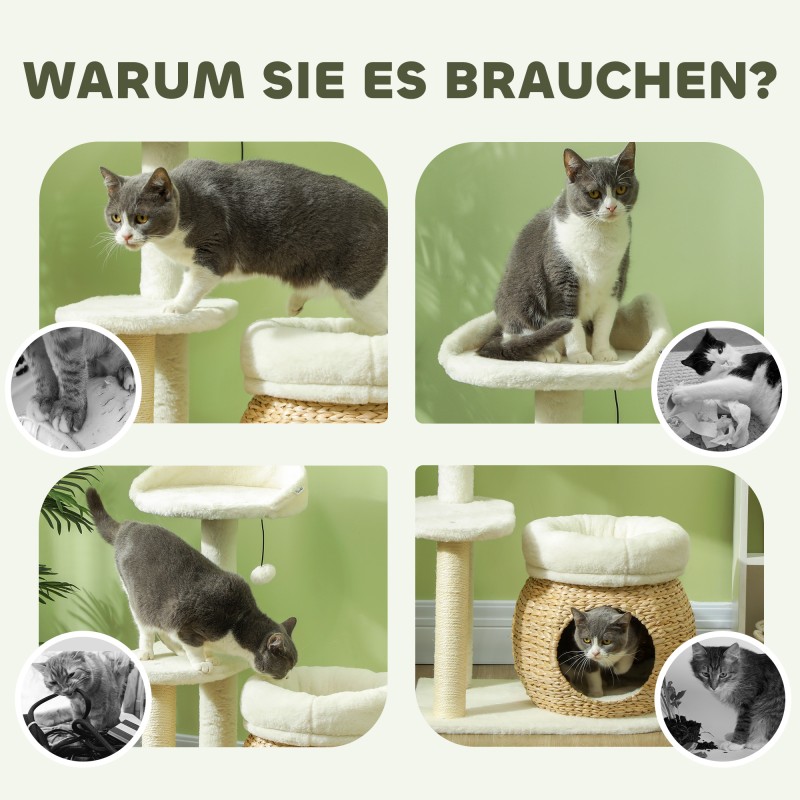 Kissan raapimispuu kissanluolalla ja leikkipallolla, luonnonruoko/sisal, 60 x 40 x 79 cm, kermanvaalea