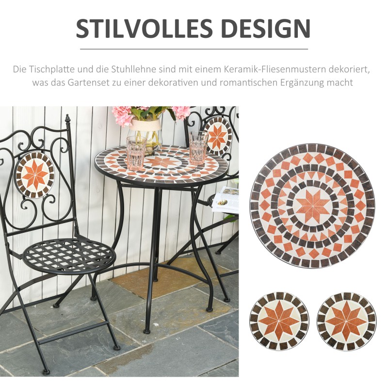 Parvekekalustesetti 2 hengelle, metallia ja keraamista mosaiikkia, pöytä Ø60 cm + 2 taittotuolia, monivärinen