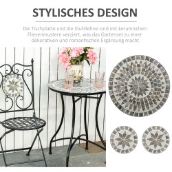 Parvekekalustesetti 2 hengelle, metallia ja keraamista mosaiikkia, Ø60 cm pöytä + 2 taittotuolia, harmaa