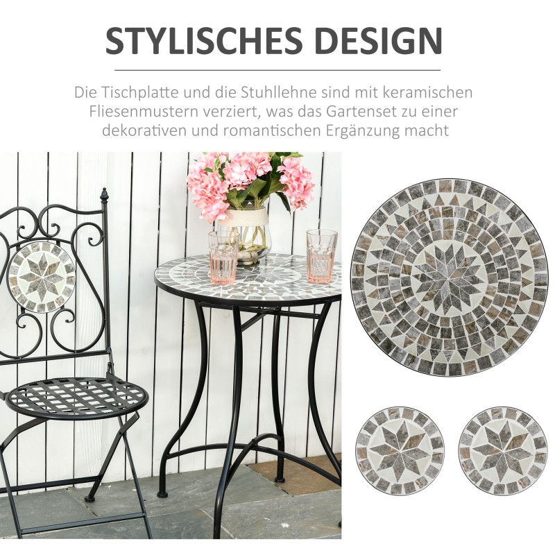Parvekekalustesetti 2 hengelle, metallia ja keraamista mosaiikkia, Ø60 cm pöytä + 2 taittotuolia, harmaa