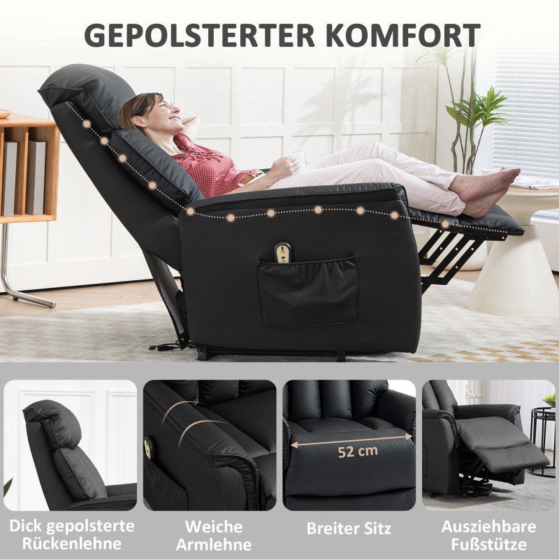 Sähkökäyttöinen lepotuoli nostotoiminnolla ja kallistuksella, keinonahkaa, 80 x 94 x 104 cm, musta