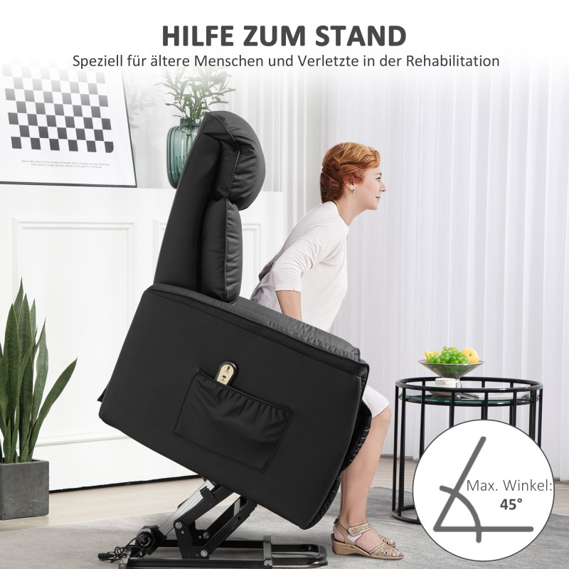 Sähkökäyttöinen lepotuoli nostotoiminnolla ja kallistuksella, keinonahkaa, 80 x 94 x 104 cm, musta