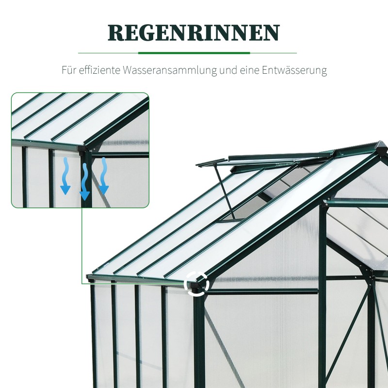 Kasvihuone polykarbonaatti ja alumiini liukuovella ja kattoikkunalla 190 x 252 x 201 cm vihreä/läpinäkyvä
