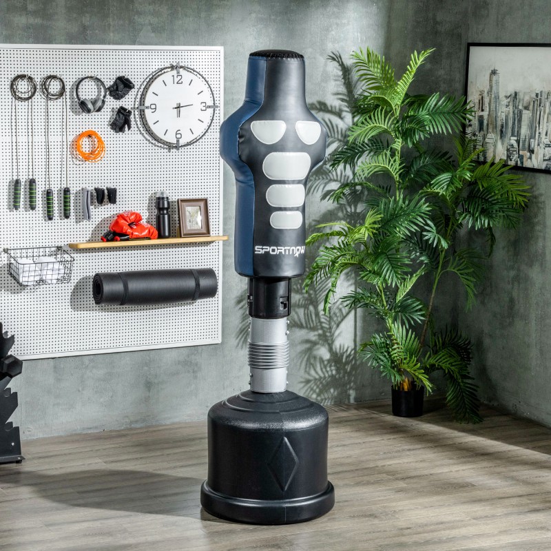 Vapaasti seisova nyrkkeilyn harjoitusnukke, säädettävä korkeus 178–207 cm, keinonahka, musta/harmaa/sininen