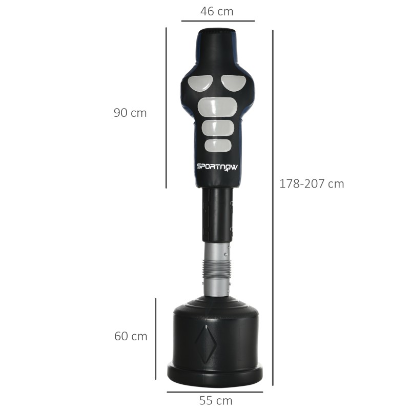 Vapaasti seisova nyrkkeilyn harjoitusnukke, säädettävä korkeus 178–207 cm, keinonahka, musta/harmaa/sininen