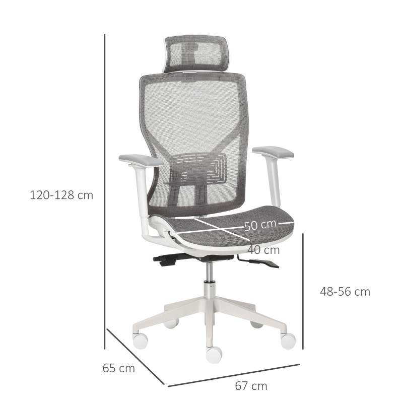 Ergonominen työtuoli ja pelituoli, mesh-verkko, säädettävä niskatuki, 3D-käsinojat, harmaa