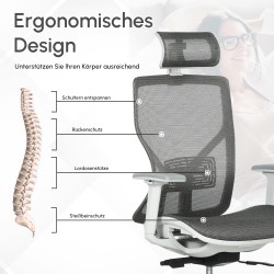 Ergonominen työtuoli ja pelituoli, mesh-verkko, säädettävä niskatuki, 3D-käsinojat, harmaa
