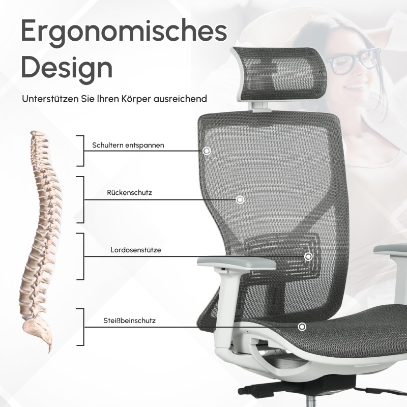 Ergonominen työtuoli ja pelituoli, mesh-verkko, säädettävä niskatuki, 3D-käsinojat, harmaa