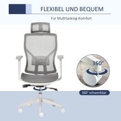 Ergonominen työtuoli ja pelituoli, mesh-verkko, säädettävä niskatuki, 3D-käsinojat, harmaa