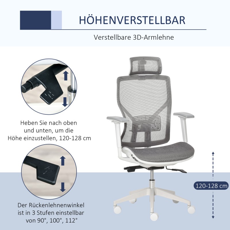 Ergonominen työtuoli ja pelituoli, mesh-verkko, säädettävä niskatuki, 3D-käsinojat, harmaa