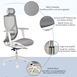 Ergonominen työtuoli ja pelituoli, mesh-verkko, säädettävä niskatuki, 3D-käsinojat, harmaa