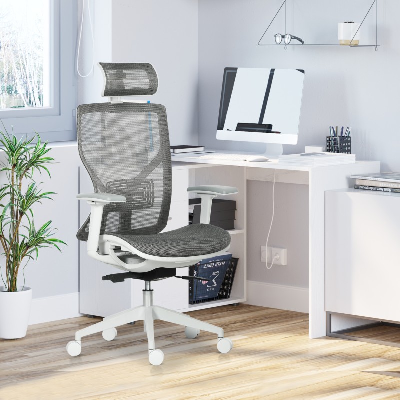 Ergonominen työtuoli ja pelituoli, mesh-verkko, säädettävä niskatuki, 3D-käsinojat, harmaa