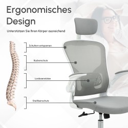 Ergonominen työtuoli toimistoon, keinutoiminto, säädettävä niska- ja ristiseläntuki, harmaa