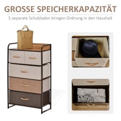 Kapea säilytyskaluste 5 taitettavalla kangaslaatikolla, teräsrunko, MDF-taso, 58 x 29 x 99 cm, monivärinen