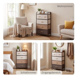 Kapea säilytyskaluste 5 taitettavalla kangaslaatikolla, teräsrunko, MDF-taso, 58 x 29 x 99 cm, monivärinen