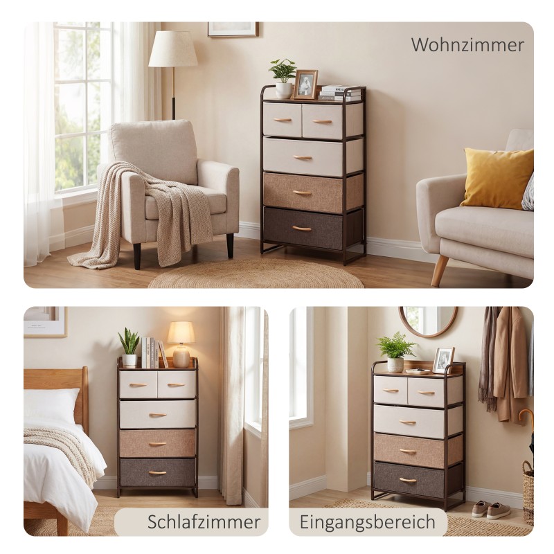 Kapea säilytyskaluste 5 taitettavalla kangaslaatikolla, teräsrunko, MDF-taso, 58 x 29 x 99 cm, monivärinen